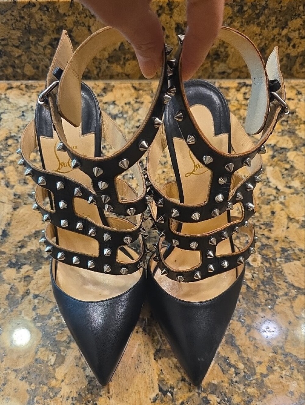 Christian Louboutin Black Leather Studded Strappy Pointed-Toe Pumps - Picture 4 of 15